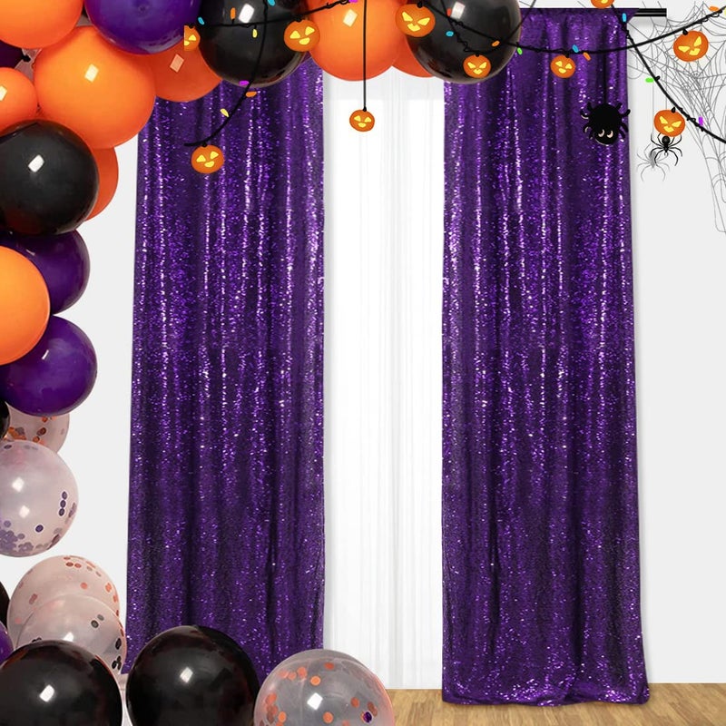 SquarePie Sequin Backdrop 2FT x 8FT 2pcs Purple Background Sparkly Curtain for Halloween Wedding Party Decoration - Image 2